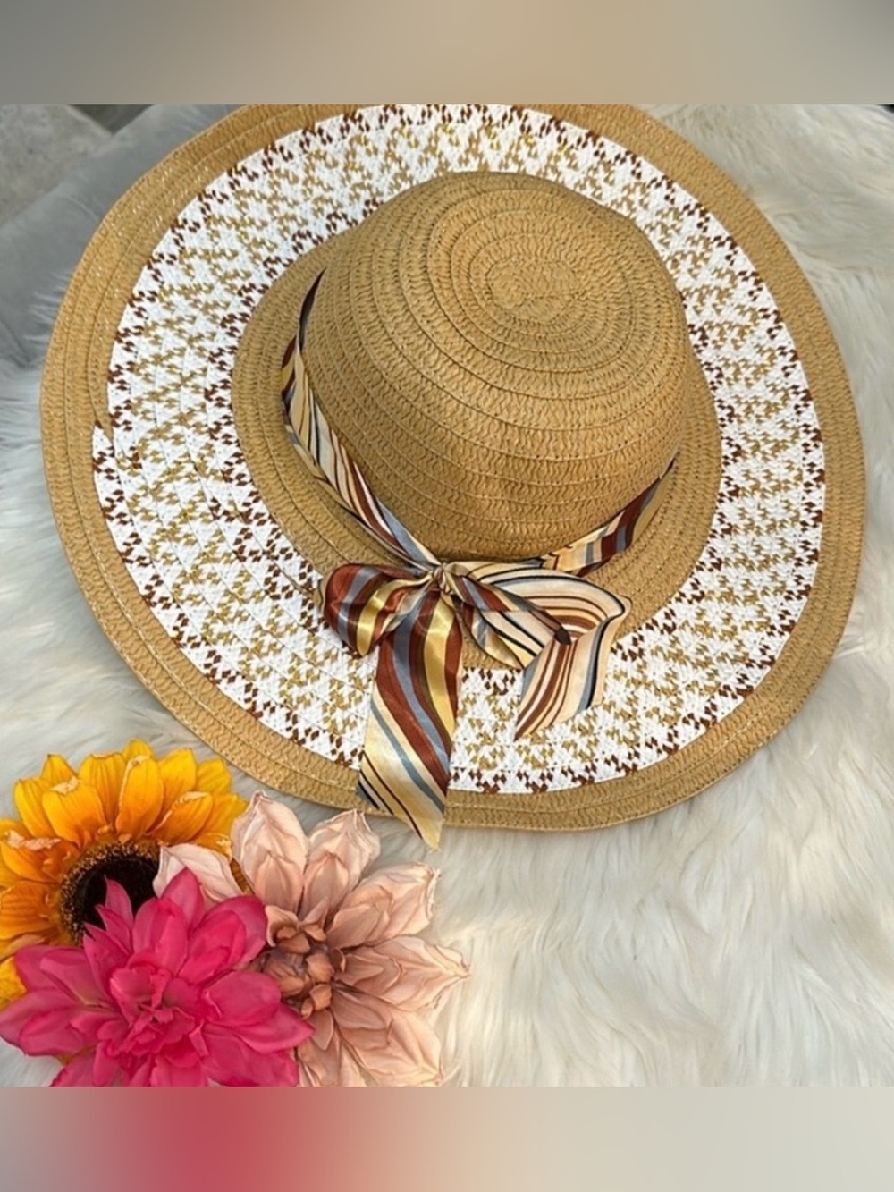 Elegant Tan and White Sun Hat with Ribbon